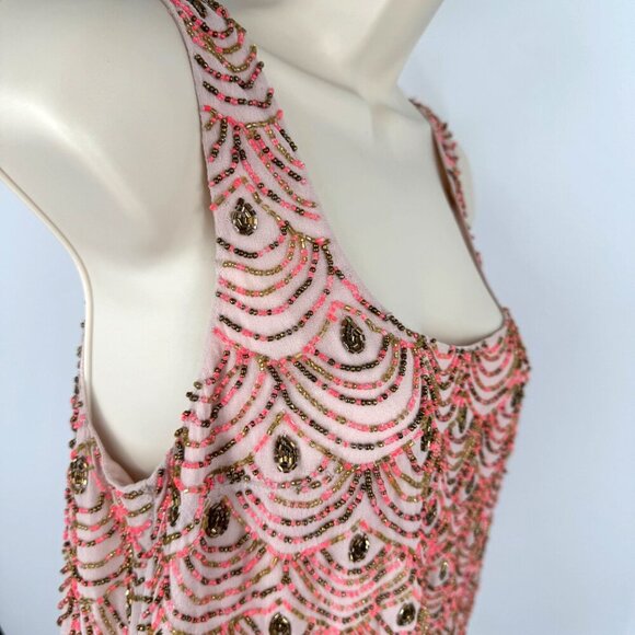 NWT ANTHROPOLOGIE MOULINETTE SOEURS PINK GOLD SCALLOP HEM BEADED SHIFT DRESS 6 - Picture 4 of 16